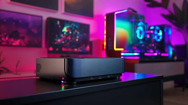 a gaming console with neon lights and decorated room