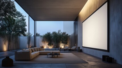 Modern minimalist outdoor living area with cinema screen and sofa
