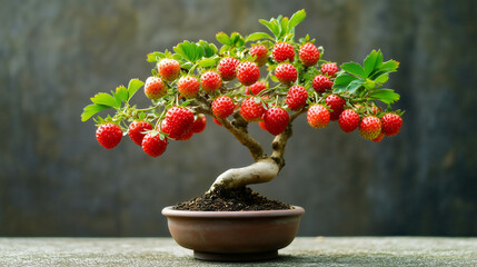 Strawberry bonsai tree growing delicious red berries