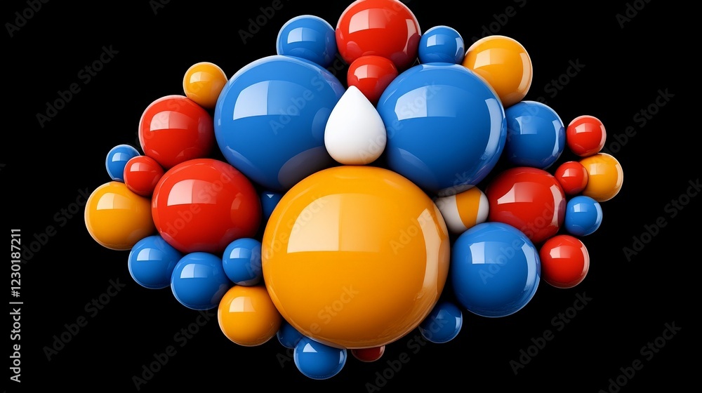 Poster abstract colorful spheres: a vibrant cluster of glossy spheres in red, blue, and yellow, creating a 