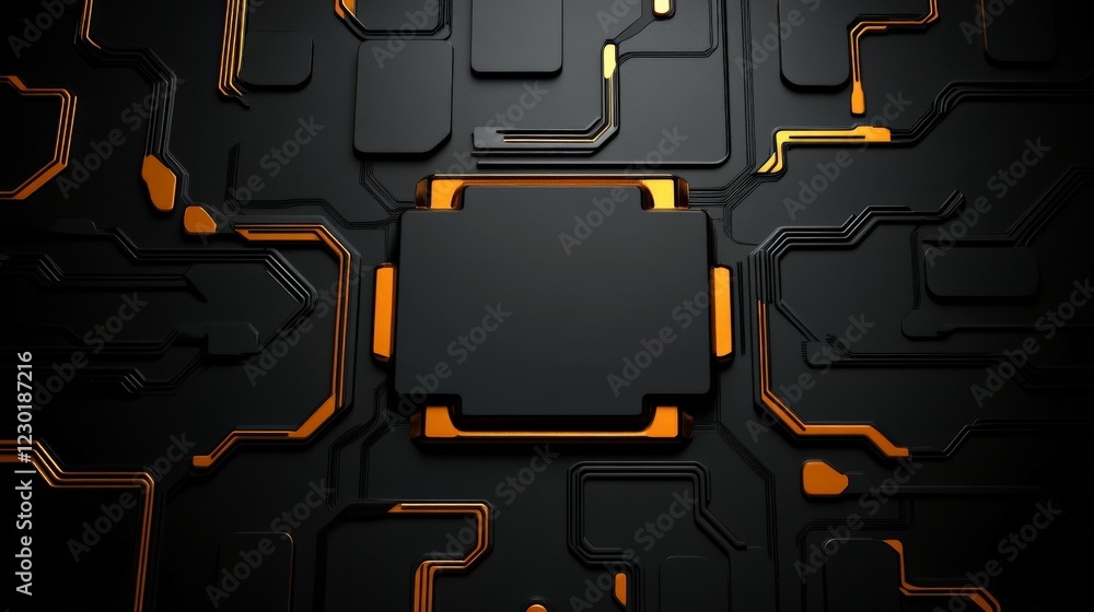Poster abstract tech background: a minimalist black and orange abstract design with a central square shape,