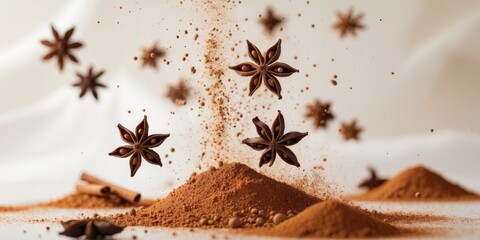 Aromatic Star Anise Spice Falling in Cinnamon and Spice Powder Burst