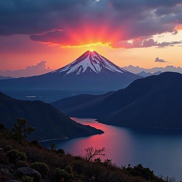 Sunset over Lanin Volcano and the Andes mountains with Lake Villarrica in foreground, Andes Mountains, Lanin Mountain, Volcano
