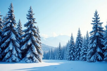 Fototapeta premium Tall evergreens silhouetted against pale blue sky, blue sky, snowy forest