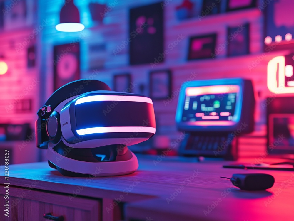 Aufkleber retro-futuristic vr setup neon accented gaming tech in dim room - immersive digital experience for e