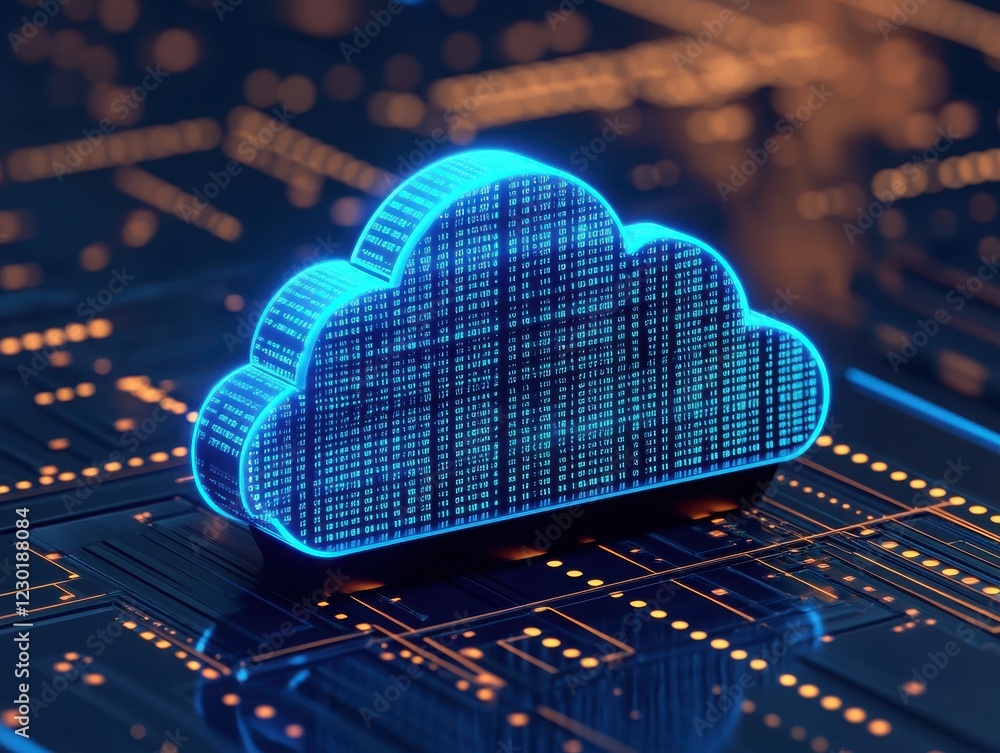 Poster a vibrant blue cloud icon surrounded by digital circuit patterns, symbolizing cloud computing and da