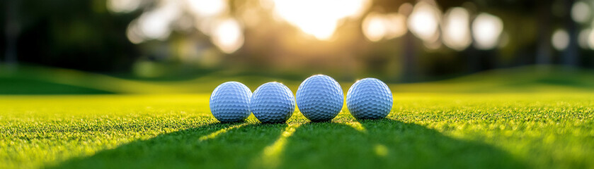Four golf balls on vibrant green course at sunrise, casting long shadows, highlighting early morning practice.