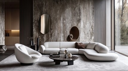 A modern living room with a curved white sofa, armchair, and artistic wall mirrors