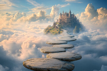 Majestic castle rises above clouds with stone pathway glowing at twilight