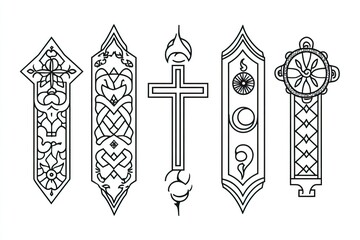 Line art vector illustration of religious symbols for a coloring book, with a simple and clean layout. The six traditional borders, such as a star, cross, moon, 