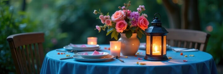 A blue tablecloth with a lit lantern and flowers, decor, tablecloth