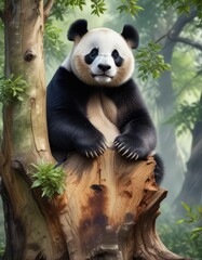 Obraz premium Realistic watercolor painting of a panda lounging on a tree trunk, tree trunk, wildlife