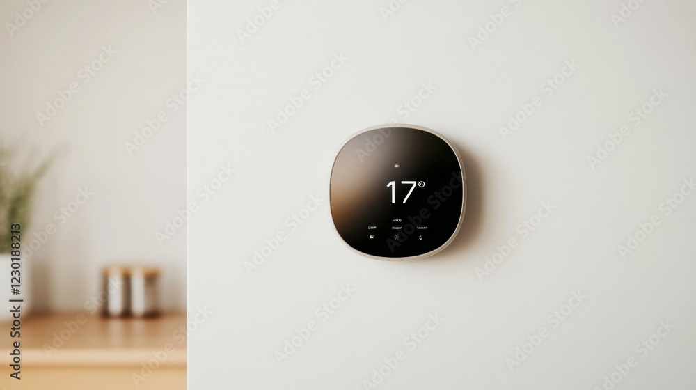 Poster Smart Thermostat Interface Sleek Touchscreen on White Wall - Energy-Efficient IoT Solutions for Modern Homes and Smart Kitchen Integration