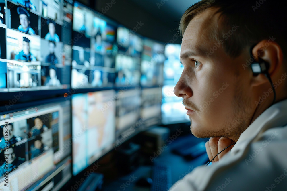 Poster security officer works on computer in police monitoring center with cctv cameras generative ai