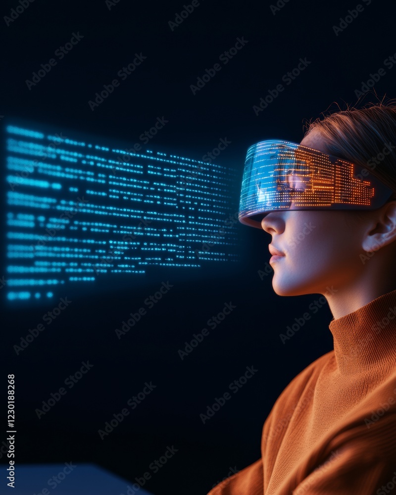 Aufkleber Neofuturistic Learning Environment Female Student with AR Headset and Holographic Data Interactive Education Solutions for Future-Ready Classrooms