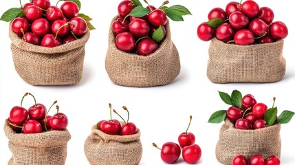 Fresh Red Cherries in Natural Fabric Bags on White Background