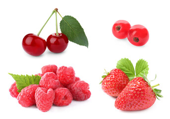Cherries, raspberries, strawberries and redcurrant berries isolated on white