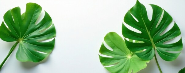 Unique variegation of Monstera leaves against a clean white surface, botanical, foliage