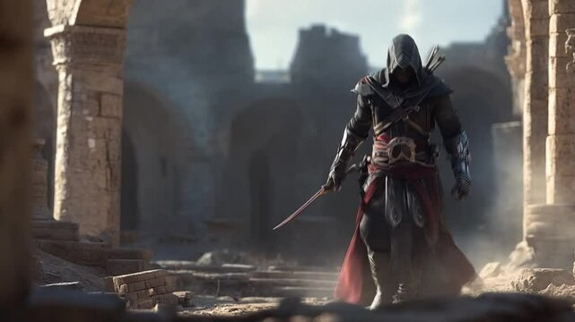 Fantasy assassin scene in an old building, smooth repetitive motion for background video animation