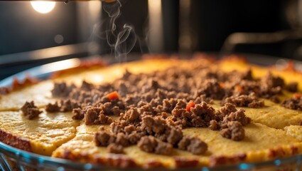 Taco cornbread casserole baking in the oven close up.