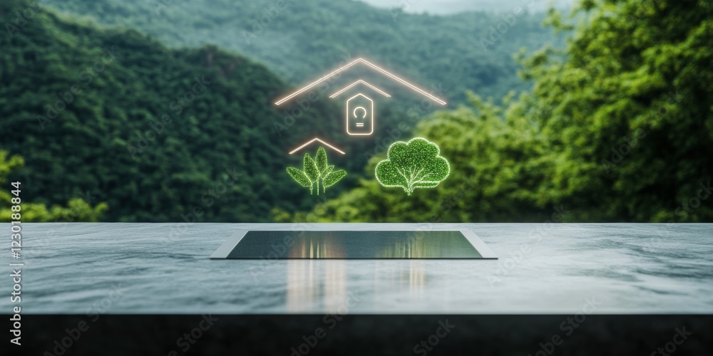 Aufkleber Minimalist Tech Fusion Sleek Marble Counter with Floating Holographic Smart Home Controls and Natural Scenery - IoT Solutions for Modern Eco-Friendly Living Spaces