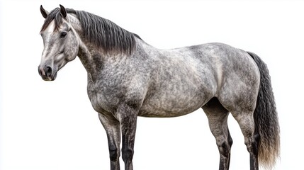 Fototapeta premium Dapple grey horse standing against white background.