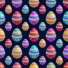 Sweet Easter Day Themed Pattern For Easter Day Celebration. Made with Colorful Eggs In Dark Blue Background.