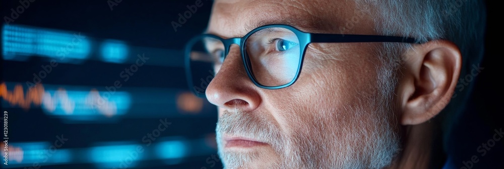 Poster Sophisticated Tech Workstation Mature Male Software Developer Analyzing Code on Multiple Screens - Advanced Distributed Development Management for Innovative Agile Solutions