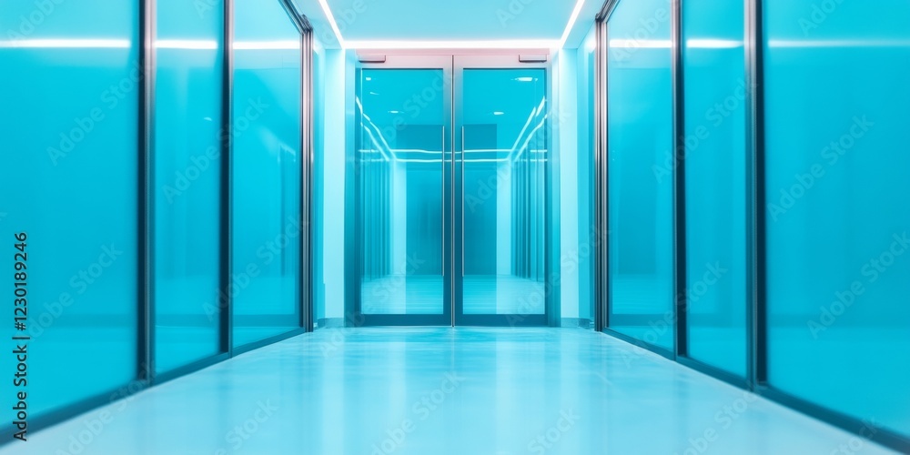 Poster sleek blue corridor design glass panels and modern office surveillance - security optimization for t