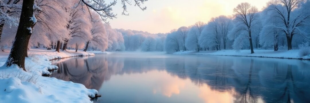 A frozen pond reflects a serene winter landscape in Framingham, frosty landscape, trees, peaceful