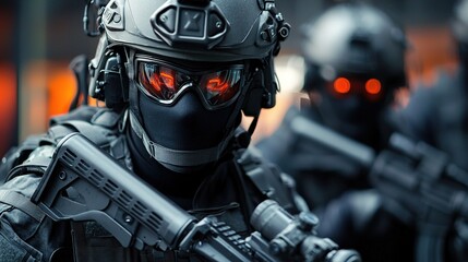 Fototapeta premium Strategic preparedness tactical military operations training in urban environments with close-up surveillance