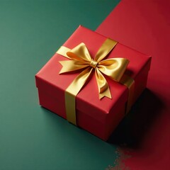 A golden ribbon tied in a bow around a red gift box, paper, elegant