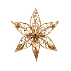 A detailed image of a gold filigree star shaped Christmas tree ornament against a black background.