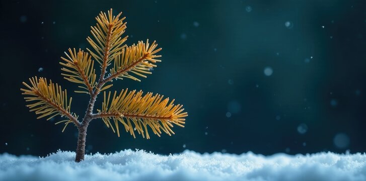 A lone pine branch against a dark, snowy background with golden leaves and frosty texture, branches, branch,