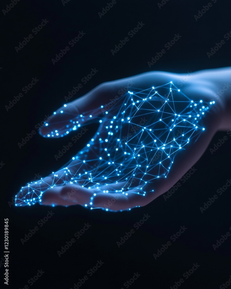 Leinwandbilder networked hand silhouette glowing nodes against black - digital geometry for tech marketing and neur