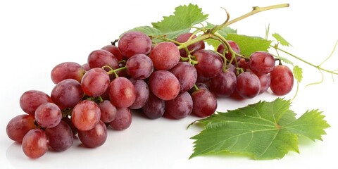Obraz premium Ripe red grapes with a few green leaves and stems, red, agriculture, winemaking, fruit, leaves