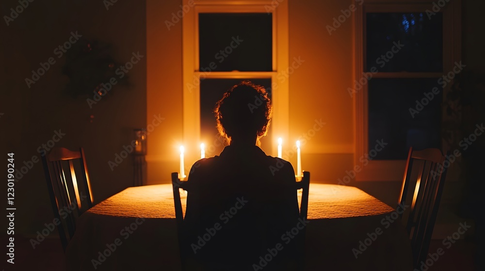 Poster serene reflection in candlelight: a silhouette contemplates life's mysteries at a dining table surro