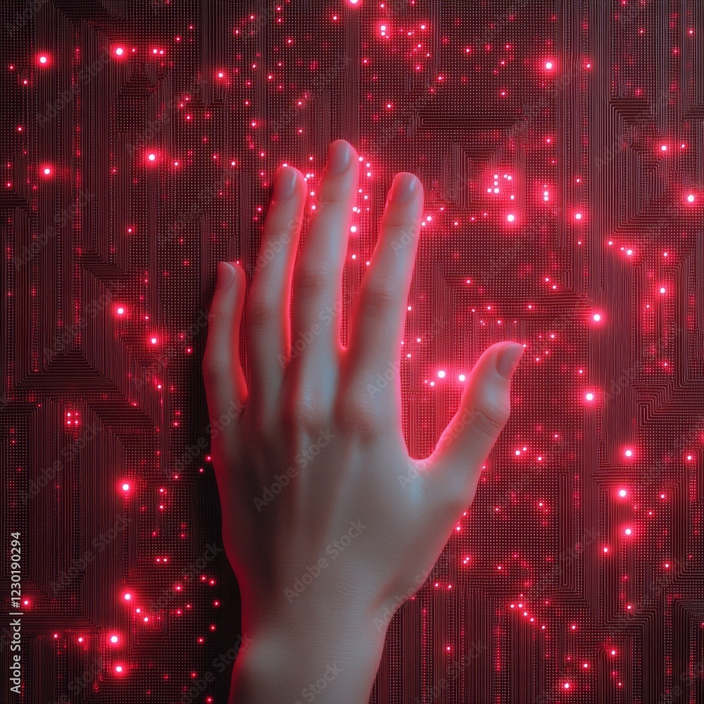 Poster Futuristic Holographic Display Hand on Illuminated Circuit Board - Cutting-Edge Tech Art for Hardware Encryption in Cybersecurity and Digital Marketing