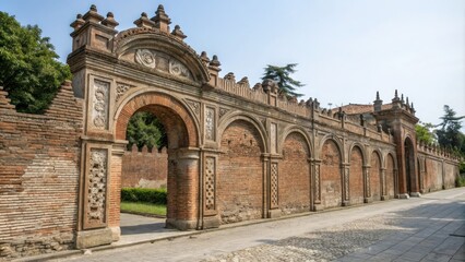 Fototapeta premium Old brick wall with arches and ornate details, rustic, earthy, wall, details, facade