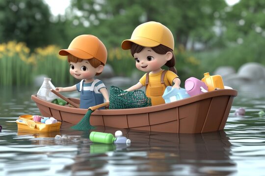 Kids happily collecting trash from the ocean in a boat with nets while promoting environmental awareness