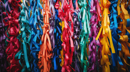 Colorful ribbons hanging and creating a vibrant background for party or celebration