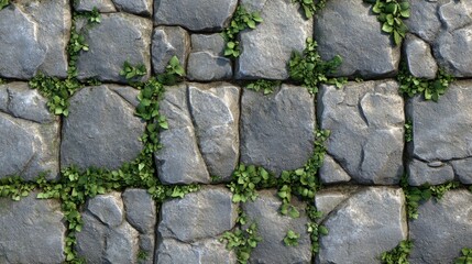 Obraz premium Textured Stone Paving with Green Ivy Overgrowth in Natural Setting