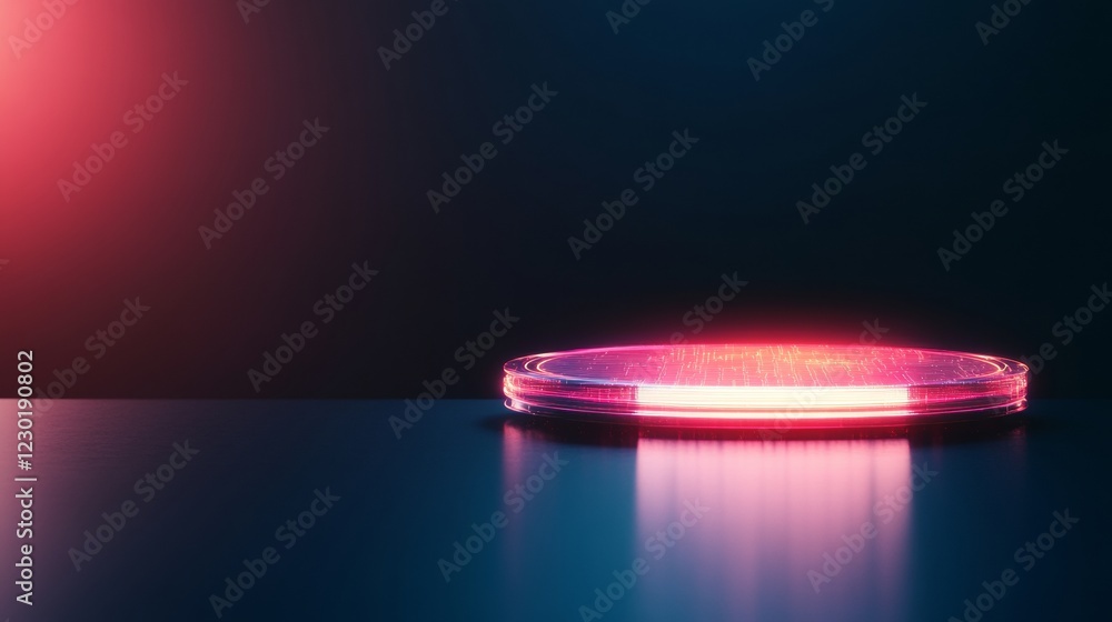 Fototapete Neon Maximalist Display Holographic Red Disc on Matte Black Surface - Tech and Digital Signage for Modern Business Innovation and Interactive User Engagement