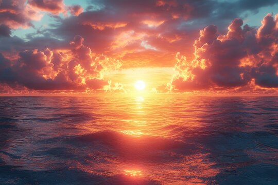 Vibrant sunset over calm ocean waters with colorful clouds reflecting golden light