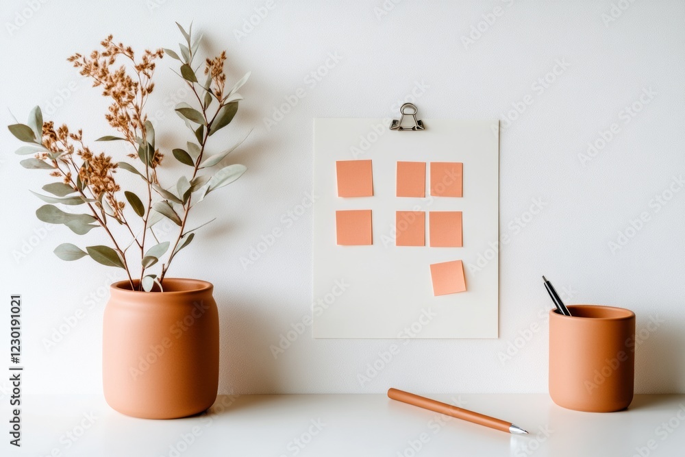Poster minimalist workspace vibes terracotta stationery with eucalyptus in soft light enhancing remote prod