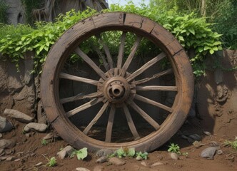 Old wooden wheel half-buried in the earth with vines and creepers, landscape, old, foliage