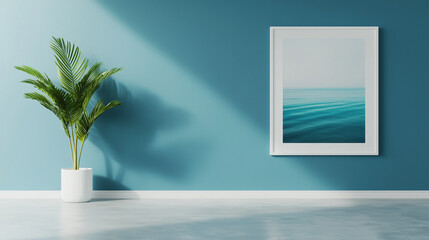 Minimalist room with a green potted plant and ocean-themed artwork on a blue wall, evoking calm and serenity.