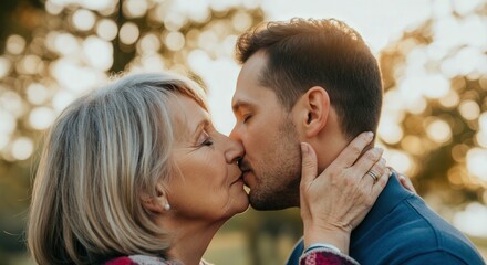 Naklejka premium Mature couple sharing an intimate moment in nature during golden hour