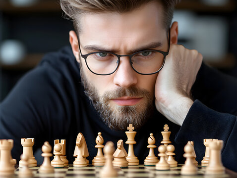 focused chess player strategizing over chessboard in thoughtful moment