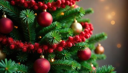 Colorful Christmas tree branches with festive red and green garlands, red garland, holiday decorations, festive colors